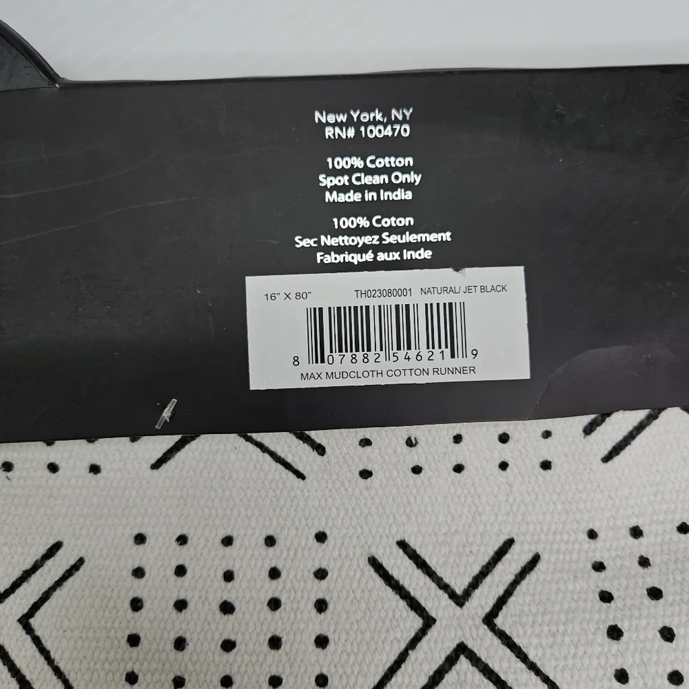 Marlo Lorenz Mudcloth Table Runner Geometric Cotton NWT 16 x 80 Cream & Black
